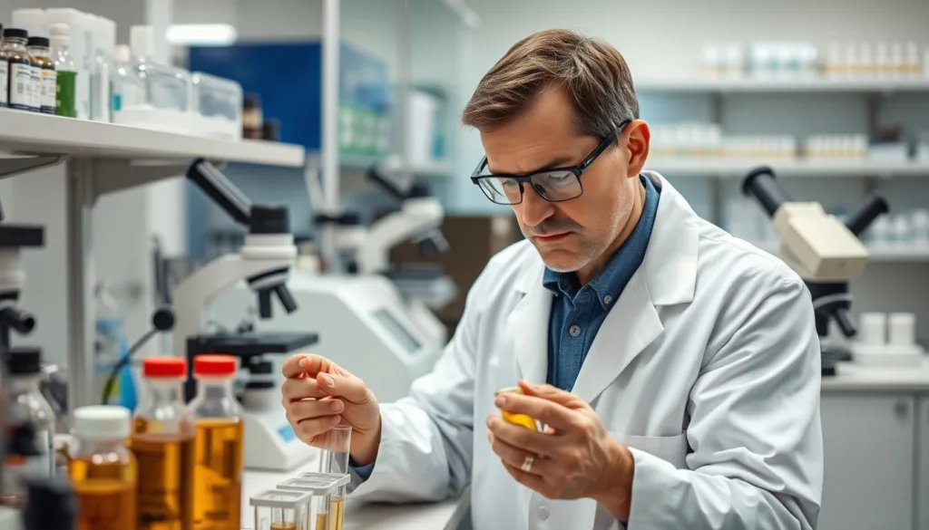 Naukowiec badający właściwości palmy sabałowej na potencję w laboratorium, analizujący próbki ekstraktu