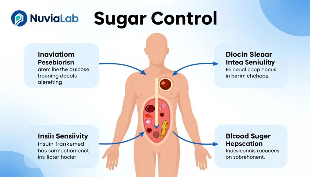 Infografika przedstawiająca mechanizm działania NuviaLab Sugar Control w organizmie