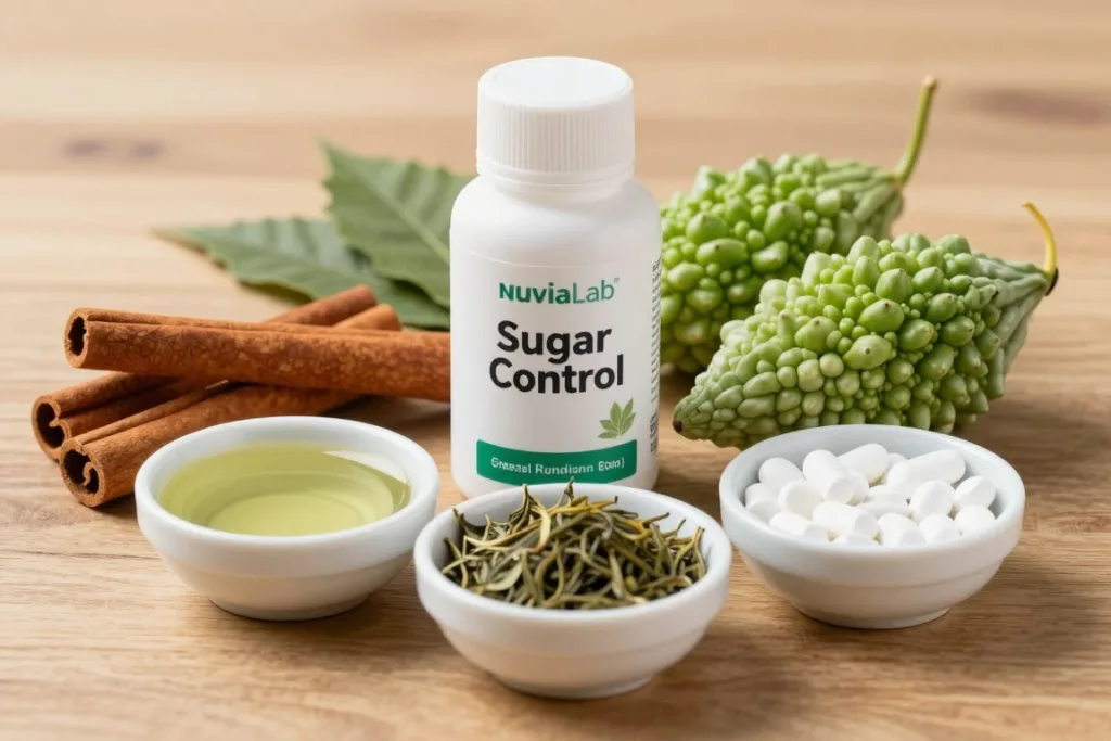 Naturalne składniki zawarte w NuviaLab Sugar Control - zioła, ekstrakty i minerały
