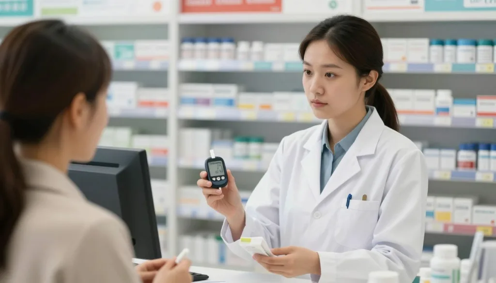 Osoba konsultująca wybór suplementu z farmaceutą w aptece