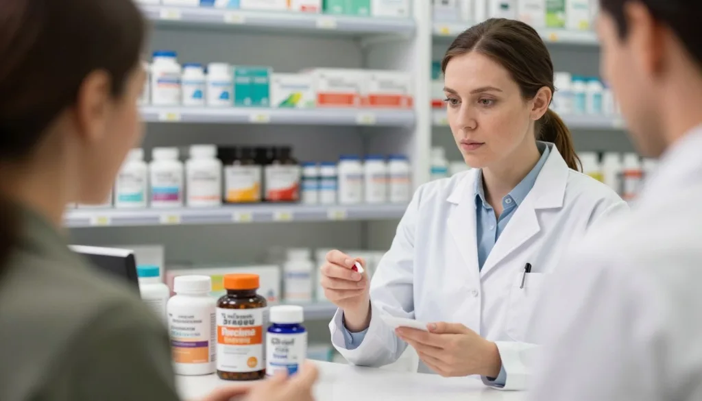 Osoba porównująca różne suplementy na odchudzanie w aptece, konsultując się z farmaceutą