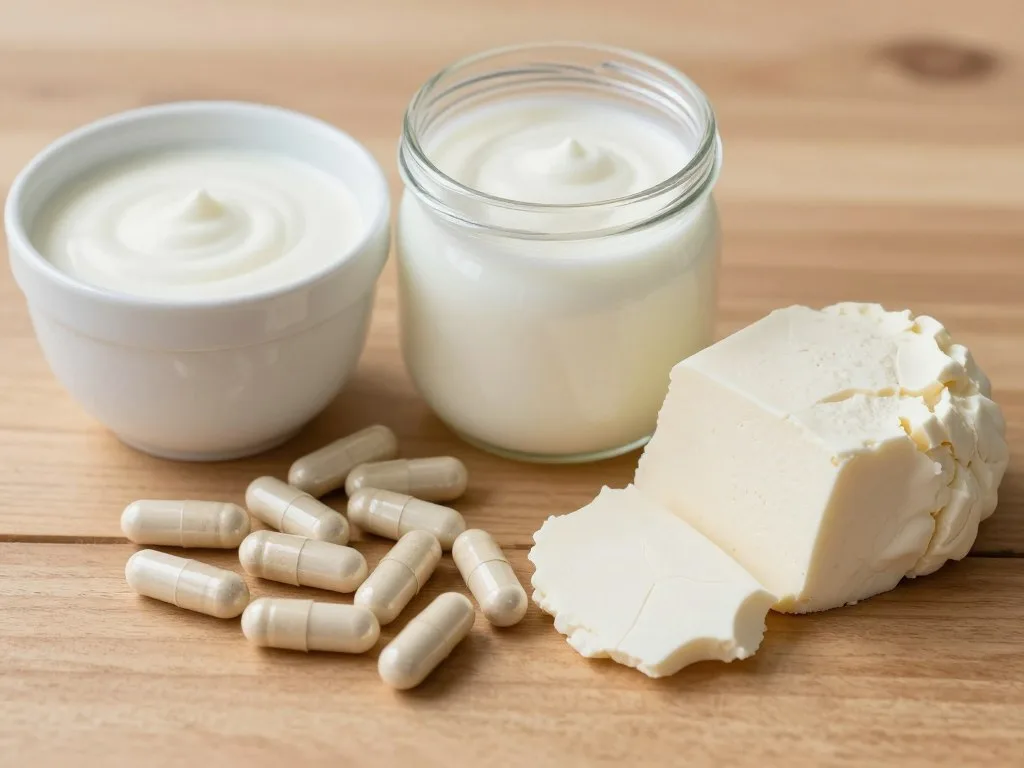 Probiotyki i prebiotyki w formie kapsułek obok jogurtu i produktów fermentowanych