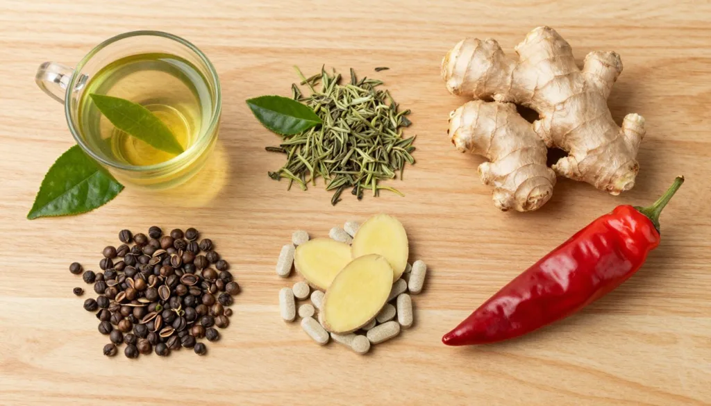Różne naturalne składniki suplementów na odchudzanie: zielona herbata, imbir, pieprz cayenne, guarana