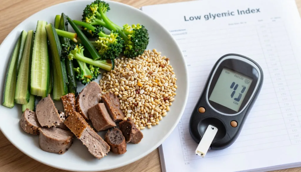 Zdrowy posiłek o niskim indeksie glikemicznym, obok glukometr i dzienniczek pomiarów