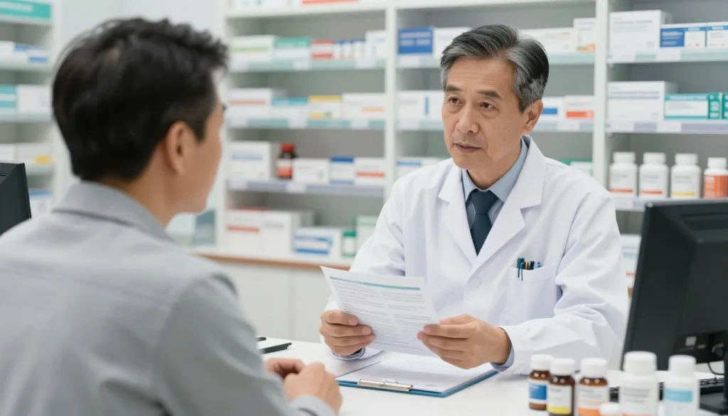 Mężczyzna konsultujący z farmaceutą wybór tabletek na potencję bez recepty