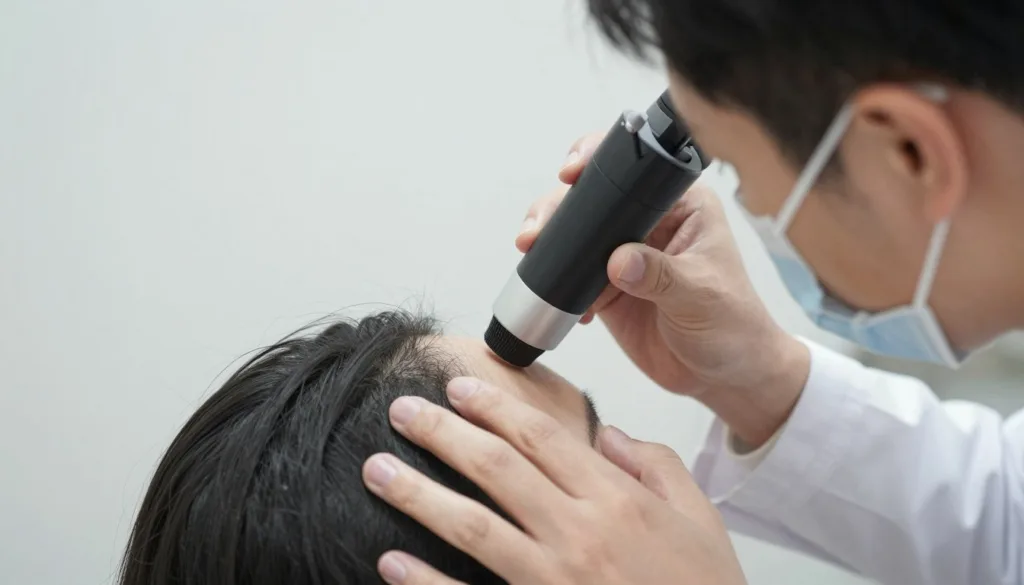 Dermatolog badający skórę głowy pacjenta dermatoskopem