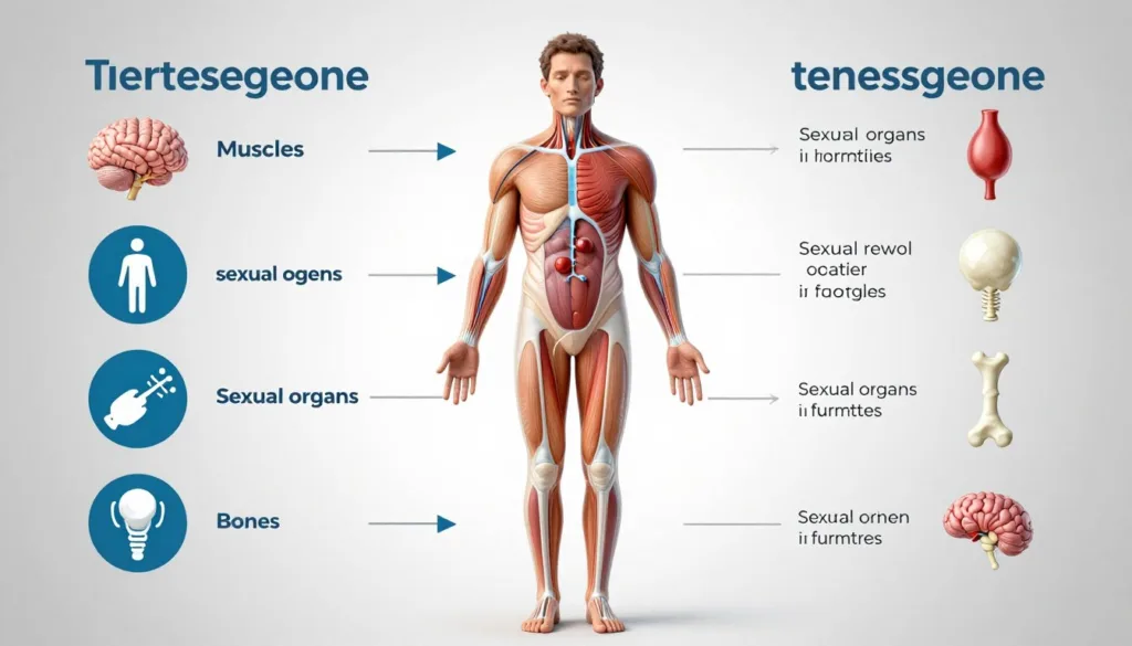 Infografika przedstawiająca funkcje testosteronu w organizmie mężczyzny