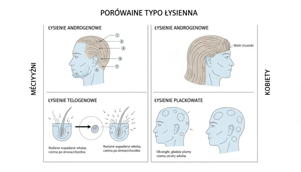 Porównanie trzech głównych typów łysienia u mężczyzn i kobiet
