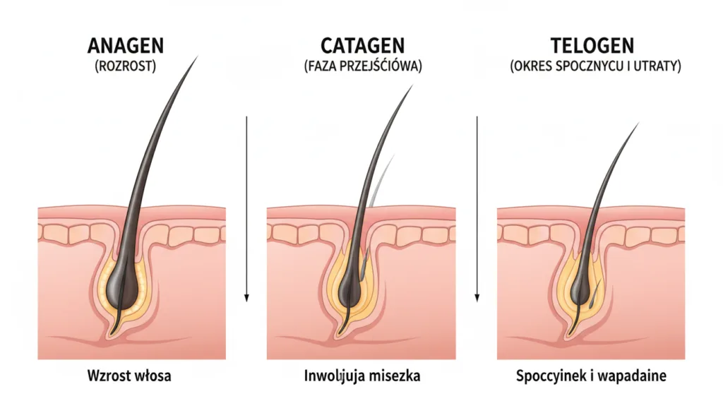 diagram ilustrujący cykl życia włosa z trzema fazami wzrostu